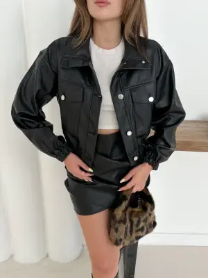 Crop bomber deri ceket siyah st2551985
