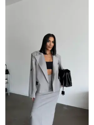 Omarı Kadın Gri Crop Ceket ve Etek Takımı