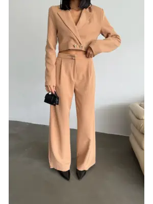 Omarı Gold Düğme Detaylı Kahverengi Takım