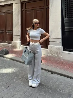 Crop pantolon biyeli takım gri