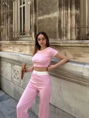 SMK Shop Crop pantolon biyeli takım pembe