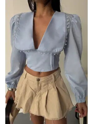 Omarı Dantel Detaylı Crop Poplin Gömlek - Bebe Mavi