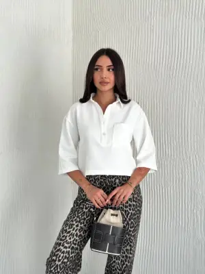Crop Yakalı Gömlek Üç Çeyrek Sleeve Kol - Beyaz