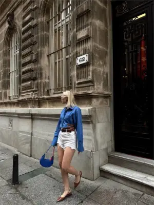 Omarı Mavi Crop Gömlek Yan Çift Kemer Detaylı Moda Parçası