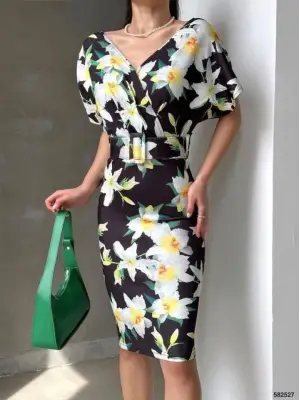 Omarı Çiçek Desenli Kadın Kalem Elbise