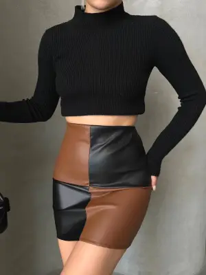 Çarpıcı Damalı Deri Etek - Siyah Kahve