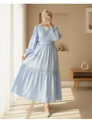 Dantel Detaylı Bağlamalı Kolu Lastikli Kraş Etekli Takım  -Bebe Mavi