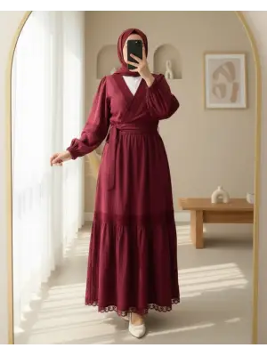 Dantel Detaylı Bağlamalı Kolu Lastikli Kraş Etekli Takım  -Bordo