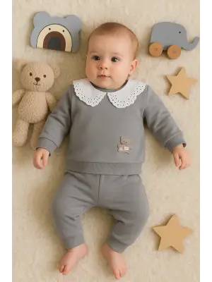 Dantel Yakalı Pamuklu 2li Kız Bebek Takımı