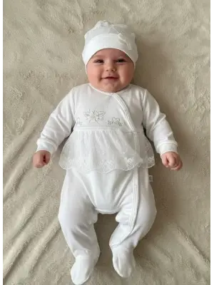 Dantelli Çiçek Nakışlı Kız Bebek Tulum %100 Pamuk
