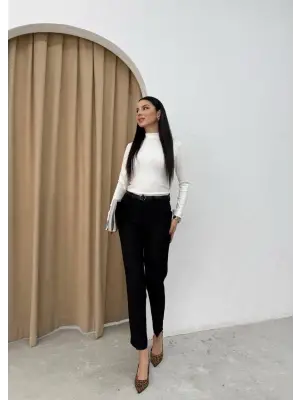 Dar paça kemerli kumaş pantolon siyah pt53