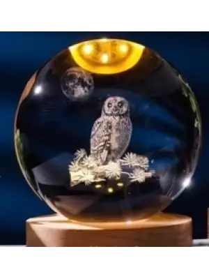 Dekoratif Baykuş Tasarımlı Ahşap Altlıklı Işıklı Cam Küre Büyük Boy 8cm