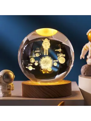 Dekoratif Bütün Gezegenler Tasarımlı Ahşap Altlıklı Işıklı Cam Küre Cam:6cm Ahşap:2cm