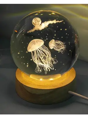 Dekoratif Deniz Anası Tasarımlı Ahşap Altlıklı Işıklı Cam Küre Büyük Boy Cam:8cm Ahşap:2cm
