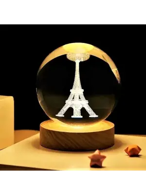 Dekoratif Eyfel Kulesi Tasarımlı Ahşap Altlıklı Işıklı Cam Küre Cam:6cm Ahşap:2cm