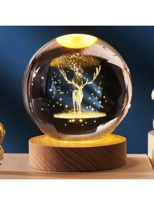Dekoratif Geyik Tasarımlı Ahşap Altlıklı Işıklı Cam Küre Büyük Boy Cam:8cm Ahşap:2cm
