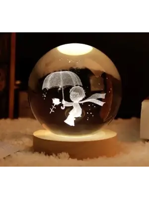 Dekoratif Küçük Prens Tasarımlı Ahşap Altlıklı Işıklı Cam Küre Cam:6cm Ahşap:2cm