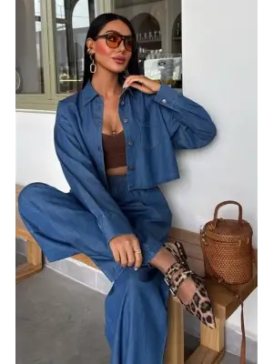 Omarı Denim Gömlek ve Plazzo Pantolon Takımı