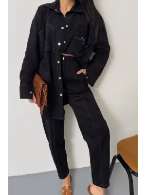 Omarı Puntolu Denim Takım - Mavi