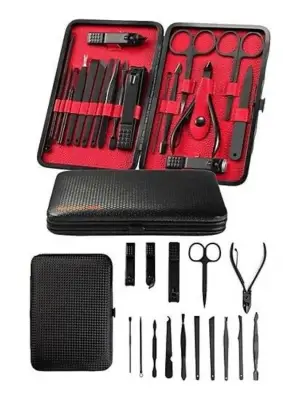 Deri Çantalı Siyah Paslanmaz Çelik 17 Parça Manikür Pedikür Seti