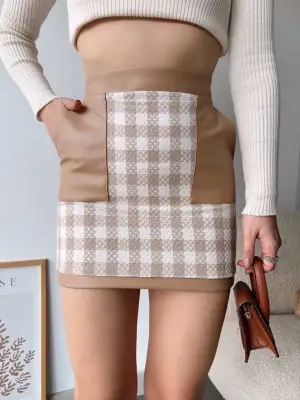 Deri cep garnili kaşe etek bej h24604