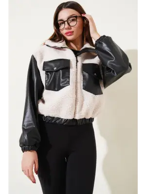 Siyah Deri Garnili Cepli Peluş Mont Kadın Giyim