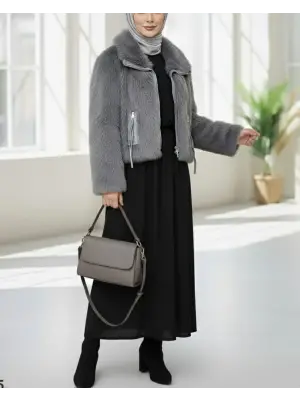 Deri Garnili İçi Astarlı Fermuarlı İp Detaylı Kürk Mont -Füme