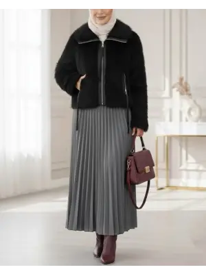 Deri Garnili İçi Astarlı Fermuarlı İp Detaylı Kürk Mont -Siyah