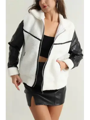 Beyaz Deri Garnili Kuzu Peluş Mont Kadın Giyim