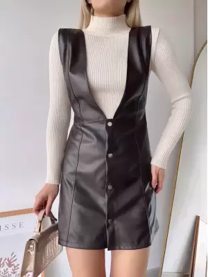 Deri jile elbise kahve w24796