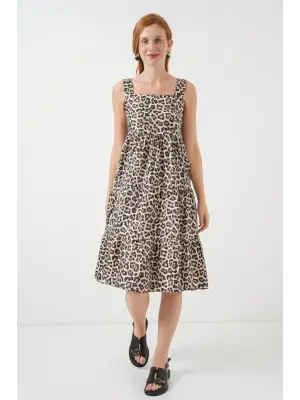 Desenli Askılı Midi Elbise 2577 - C. Kahverengi