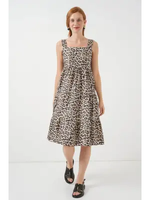 Desenli Askılı Midi Elbise 2577 - C. Kahverengi