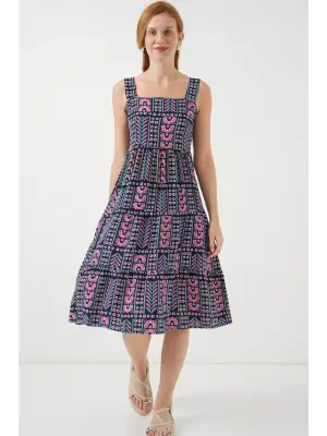 Desenli Askılı Midi Elbise 2577 - Lacivert