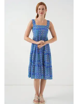 Desenli Askılı Midi Elbise 2577 - Saks