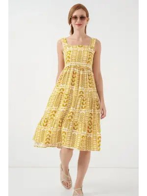 Desenli Askılı Midi Elbise 2577 - Sarı
