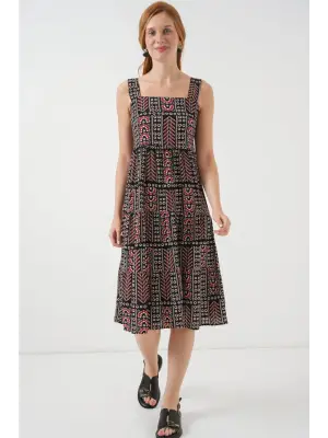 Desenli Askılı Midi Elbise 2577 - Siyah