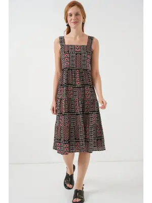 Desenli Askılı Midi Elbise 2577 - Siyah