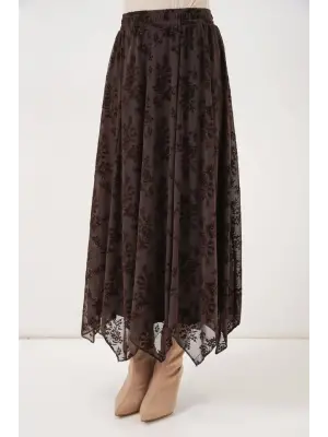 Desenli Astarlı Etek 8059 - Kahverengi