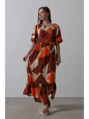 Desenli Balon Kol Kloş Elbise - Kahve