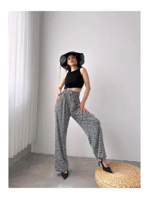 Omarı Modern Desenli Beli Lastikli Gri Pantolon