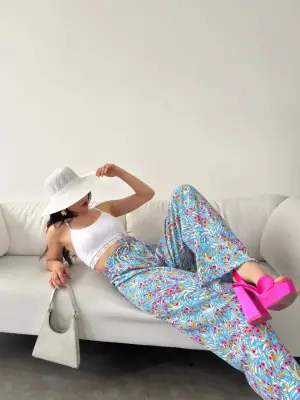 Omarı Desenli Beli Lastikli Pantolon - MAVİ