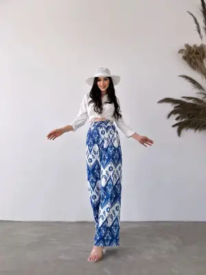 Omarı Desenli Beli Lastikli Pantolon - Mavi & Beyaz Örnek