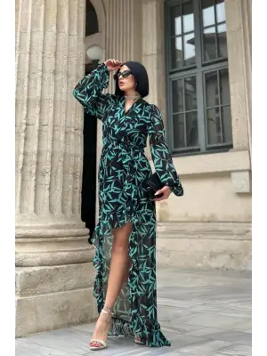 Omarı Desenli Fırfırlı Elbise Modelleri