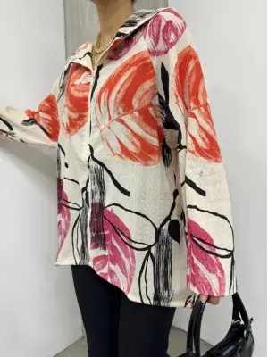 Omarı Turuncu Desenli Keten Ceket