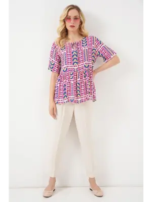 Desenli Kısa Kol Bluz 969 - Fuşya