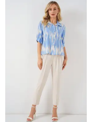 Desenli Kısa Kol Crop Gömlek 20337 - Mavi