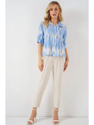 Desenli Kısa Kol Crop Gömlek 20337 - Mavi