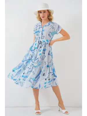 Modern Desenli Kısa Kol Elbise - Mavi