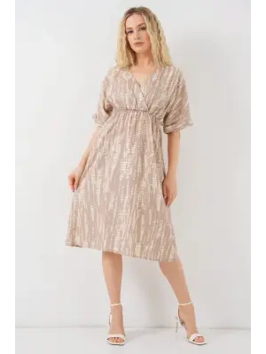 Desenli Kısa Kol Elbise 2569 - Bej