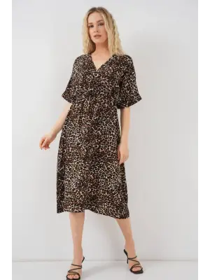 Desenli Kısa Kol Elbise 2569 - C. Kahverengi